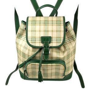 Bean Pole PLAID BEIGE GREEN GENUINE LEATHER FLAP SHOULDER BAG BACKPACK HANDBAG